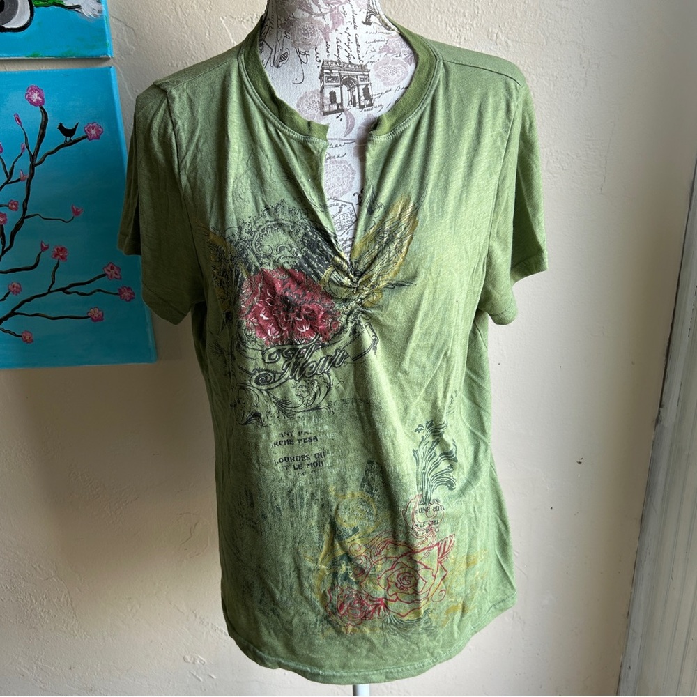 Green Floral Print V-neck Top